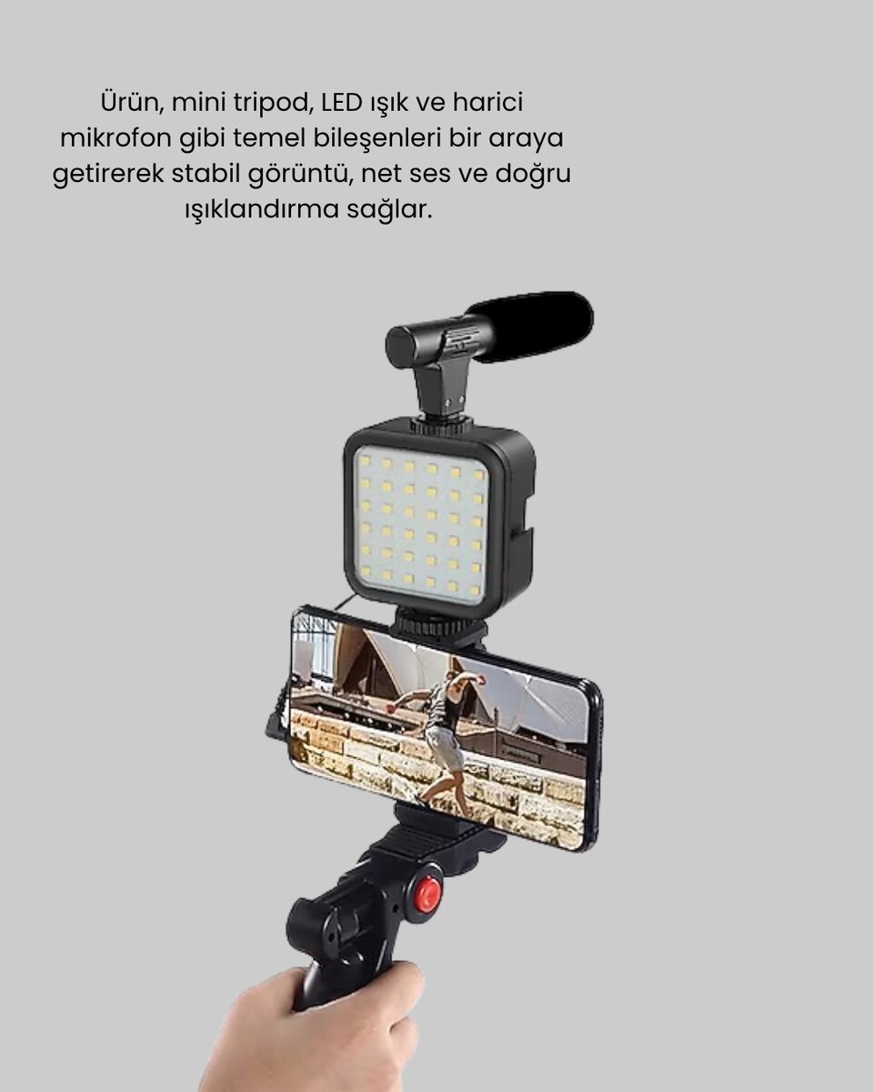 Profesyonel Vlog Çekim Kiti LED Işıklı Tripod Mikrofonlu Telefon Seti Profesyonel Vlog Çekim Kiti LED Işıklı Tripod Mikrofonlu Telefon Seti