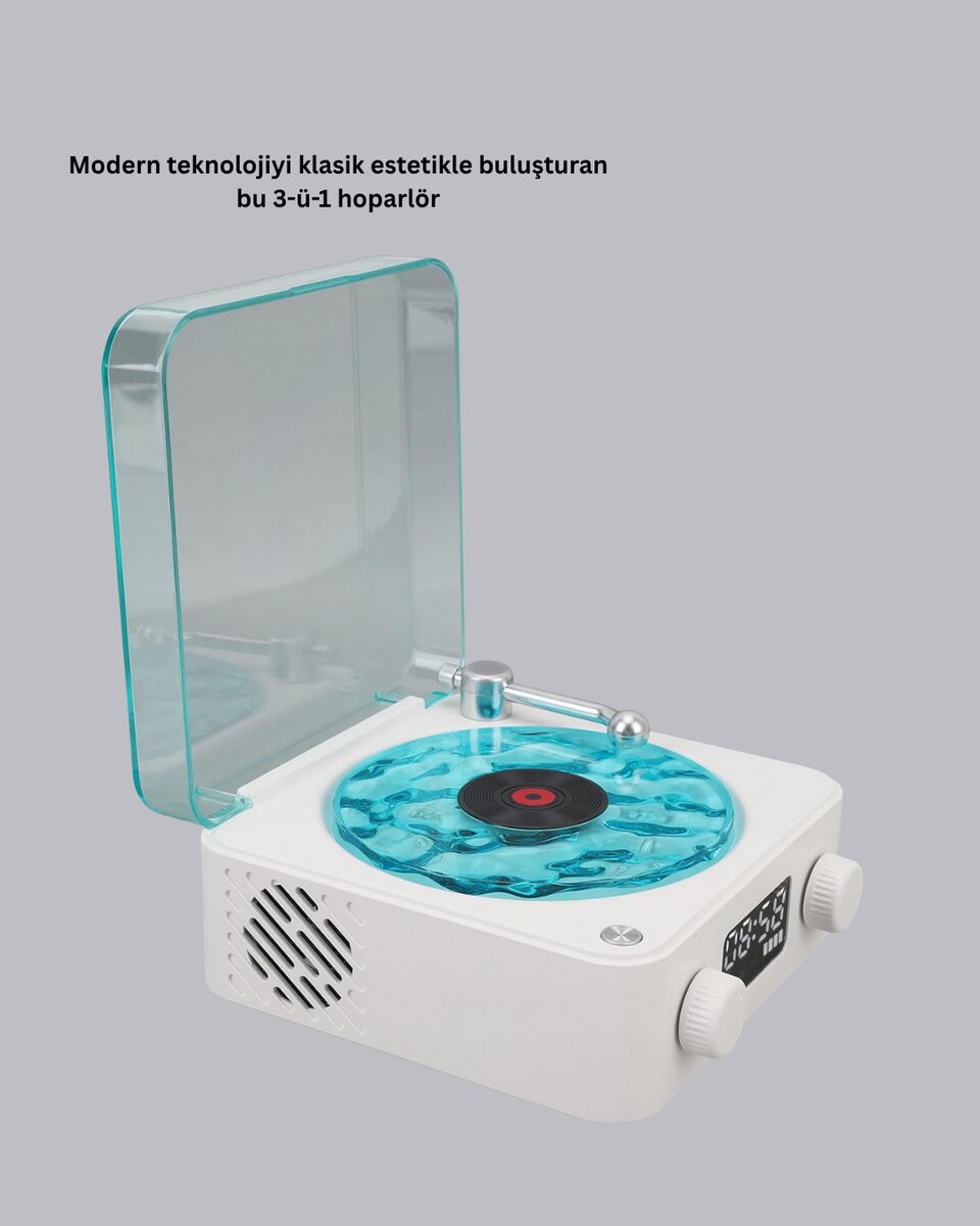 3-ü-1 Gece Işığı Bluetooth Hoparlör Dijital Saat Vintage Plak Çalar Tasarımlı 3-ü-1 Gece Işığı Bluetooth Hoparlör Dijital Saat Vintage Plak Çalar Tasarımlı