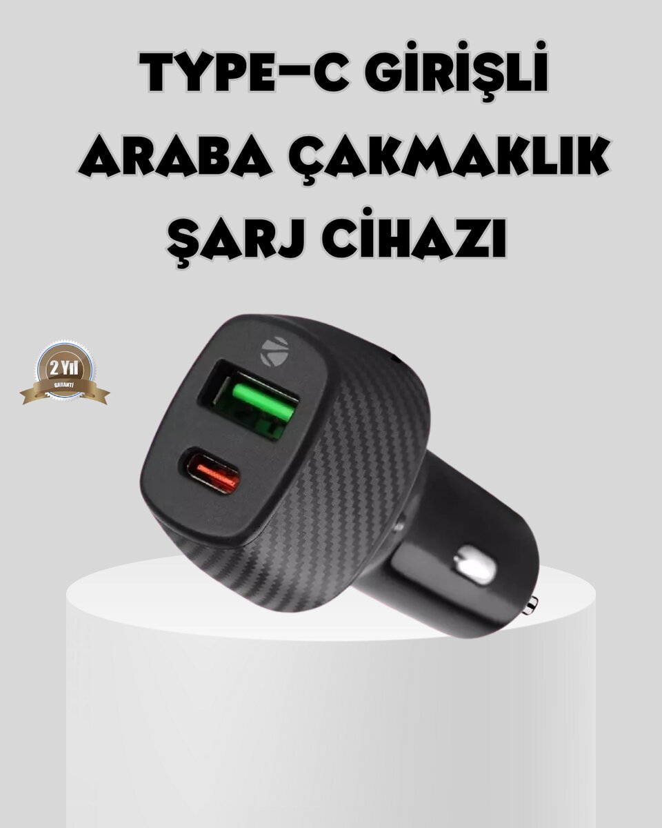 Araç Tipi Hızlı Şarj Adaptörü Type-C PD USB Çift Port Kompakt Araç Tipi Hızlı Şarj Adaptörü Type-C PD USB Çift Port Kompakt