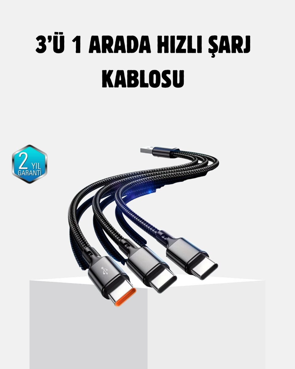 3 Başlıklı Hızlı Şarj Kablosu Metal Alaşımlı Dayanıklı ve Akıllı Çipli 3 Başlıklı Hızlı Şarj Kablosu Metal Alaşımlı Dayanıklı ve Akıllı Çipli