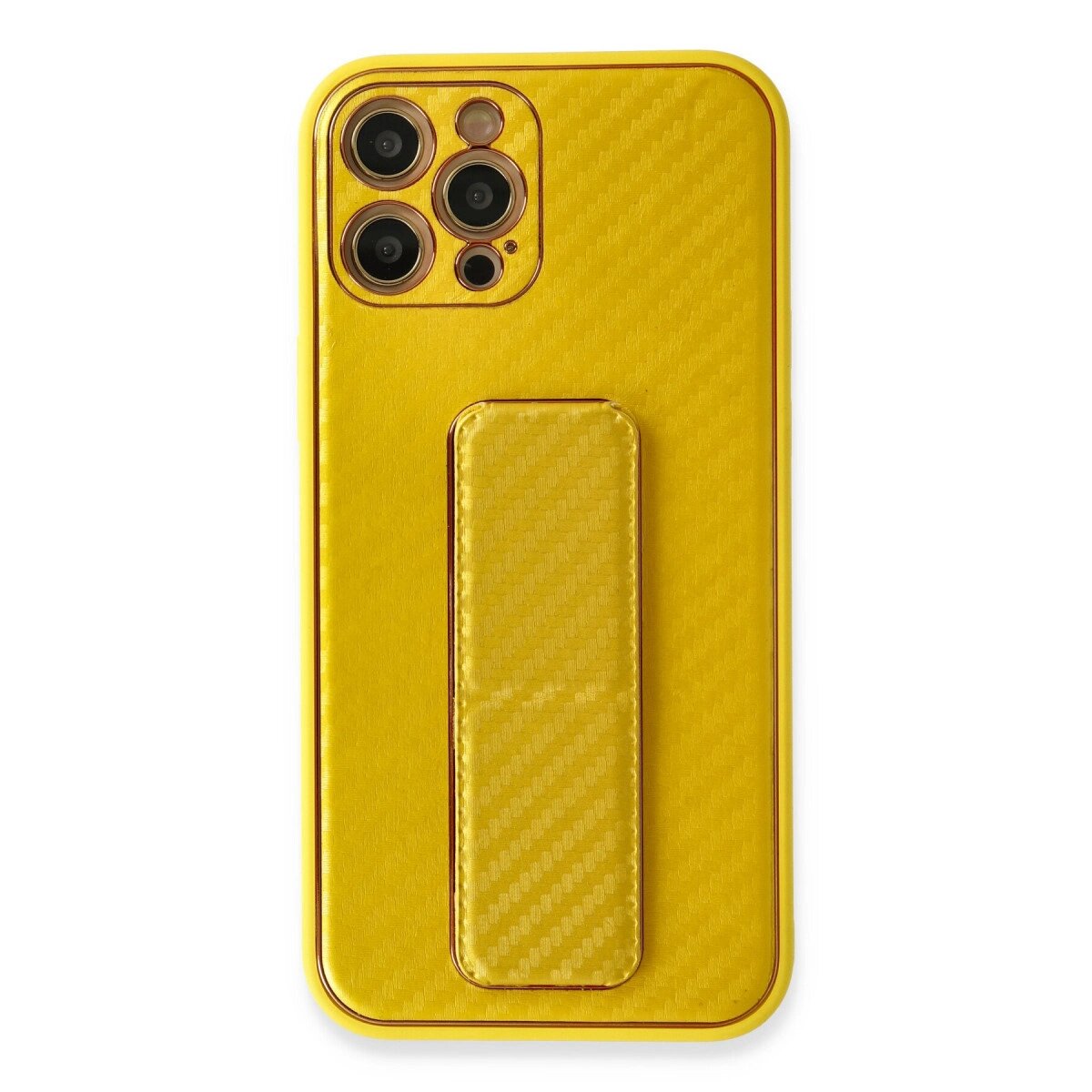 İphone 12 Pro Max Kılıf Coco Karbon Standlı Kapak - Sarı İphone 12 Pro Max Kılıf Coco Karbon Standlı Kapak - Sarı