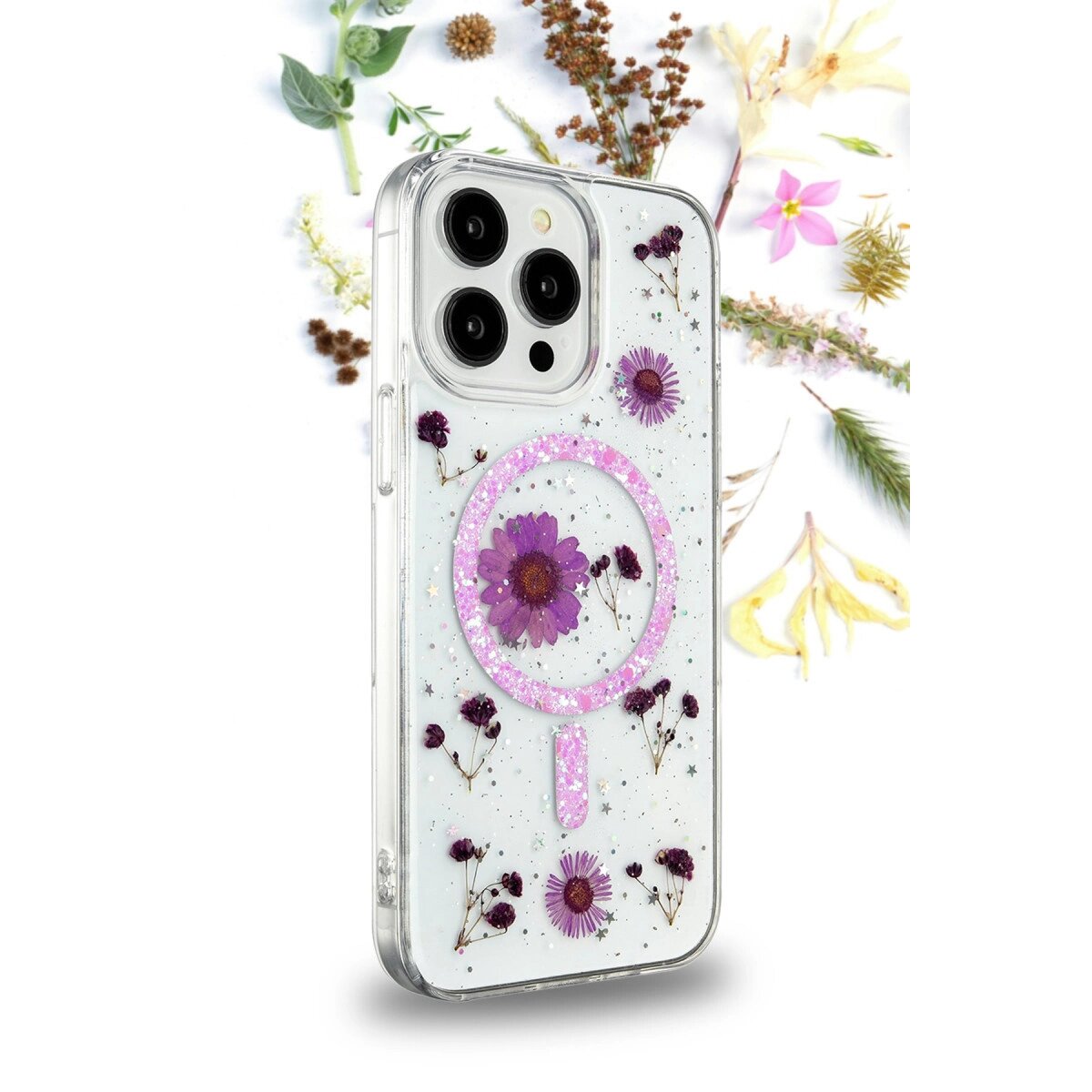 Apple İphone 14 Pro Max Kılıf Daisy Simli Magsafe Kapak - Pembe