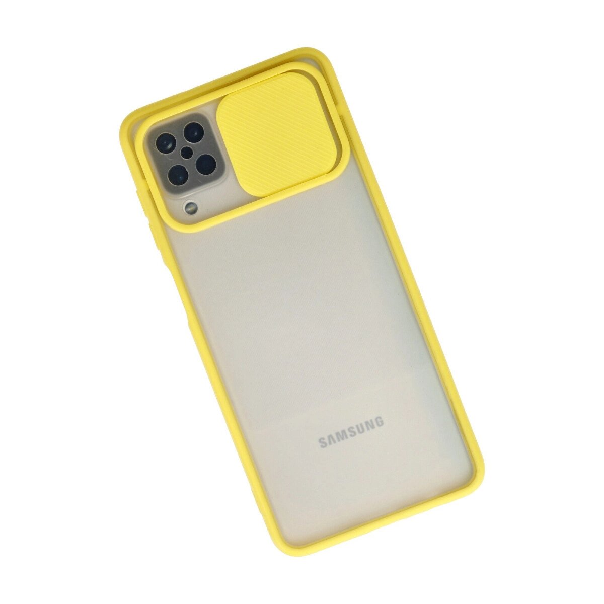 Samsung Galaxy A12 Kılıf Palm Buzlu Kamera Sürgülü Silikon - Sarı Samsung Galaxy A12 Kılıf Palm Buzlu Kamera Sürgülü Silikon - Sarı