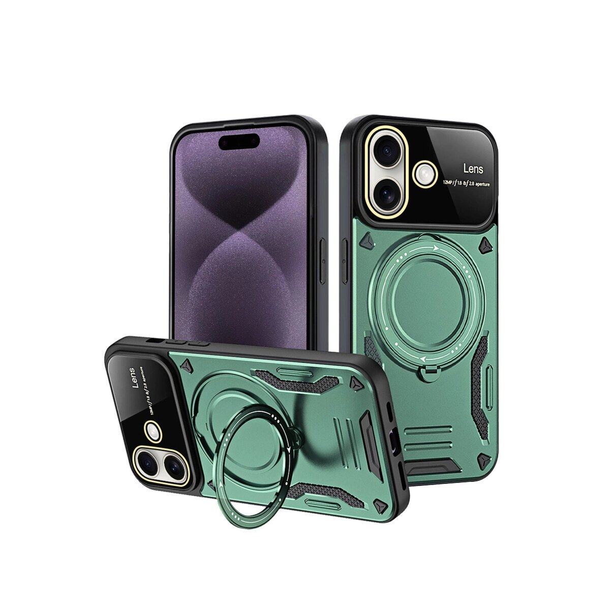 Apple İphone 16 Kılıf Joy Lens Standlı Kapak - Koyu Yeşil Apple İphone 16 Kılıf Joy Lens Standlı Kapak - Koyu Yeşil