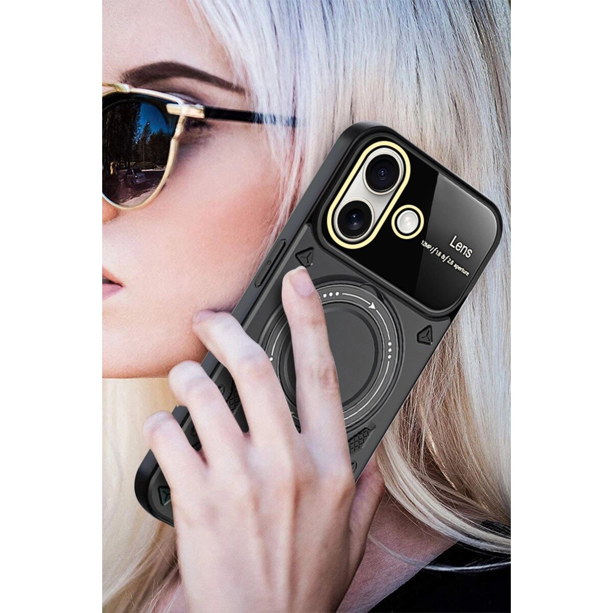 Apple İphone 16 Kılıf Joy Lens Standlı Kapak - Koyu Yeşil Apple İphone 16 Kılıf Joy Lens Standlı Kapak - Koyu Yeşil