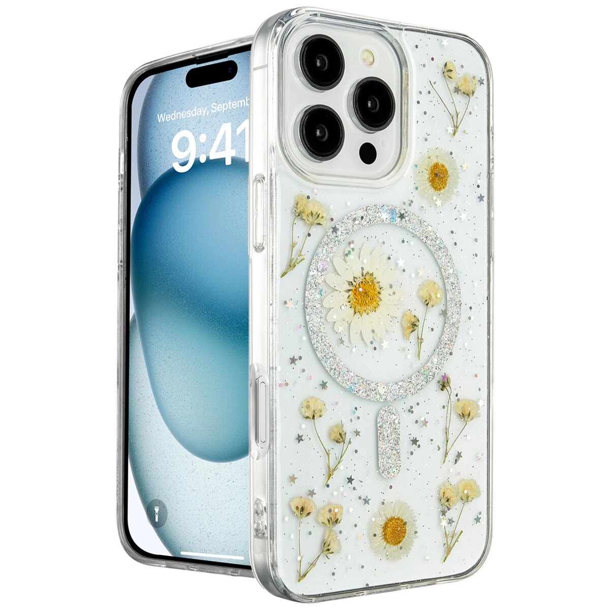 Apple İphone 16 Pro Max Kılıf Daisy Simli Magsafe Kapak - Gümüş