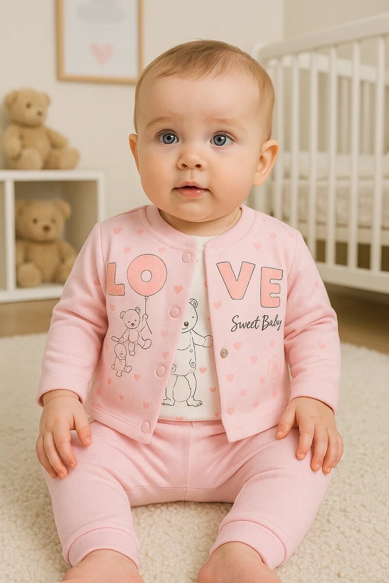 Love Tavşan Desenli Kol Detaylı 3'lü Hırkalı Kız Bebek Takım