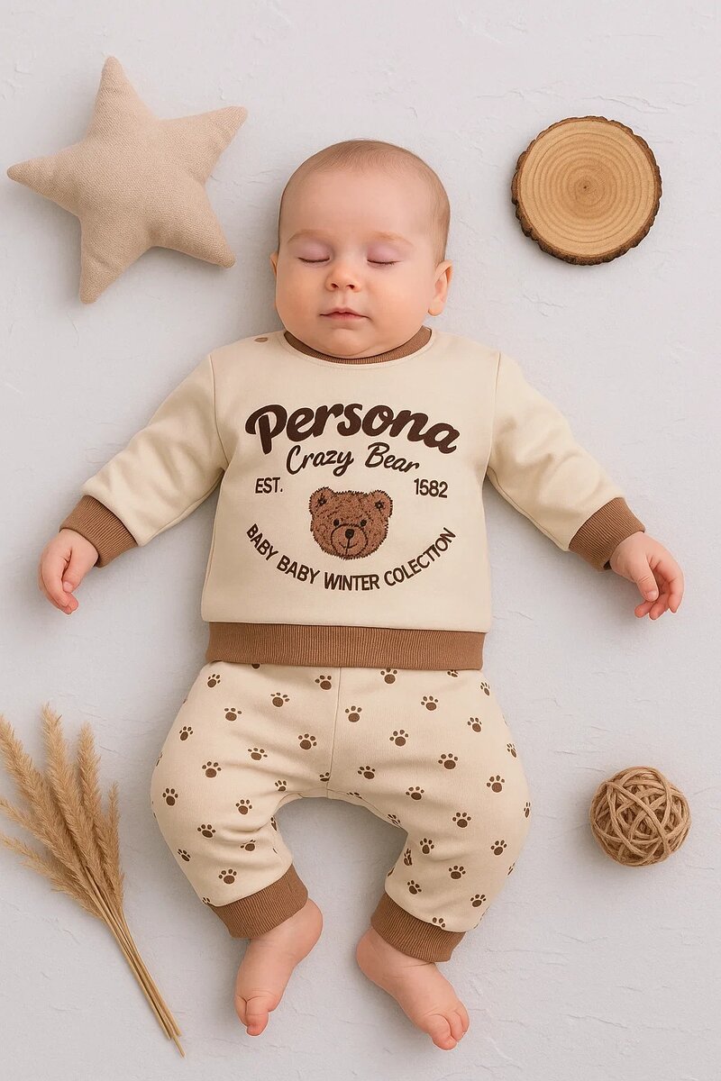 Persona Bear Nakışlı % 100 Pamuk 2'li Erkek Bebek Takım (Renkli · Krem)