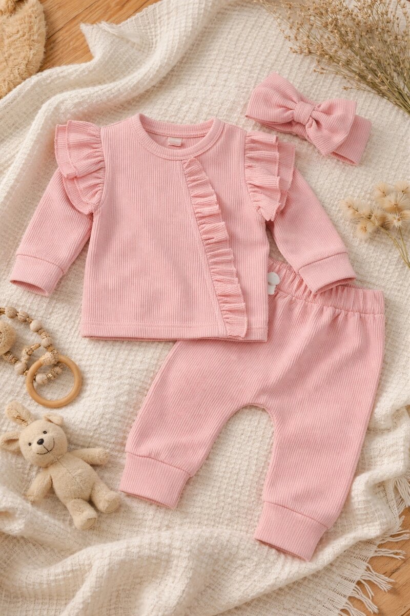 Pembe Fırfırlı 3’lü Kız Bebek Takımı