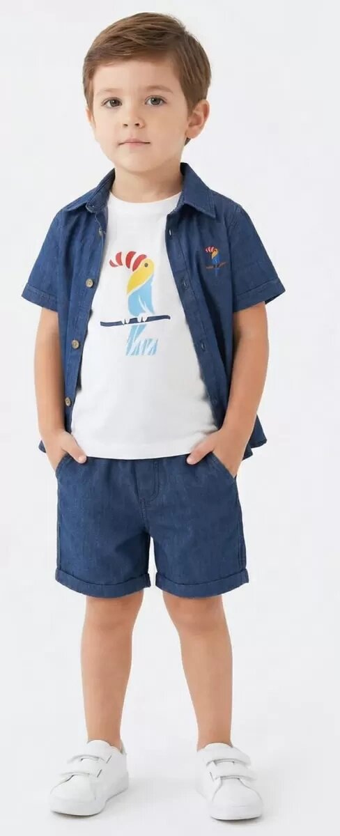2/6 Yaş Denim Gömlek Şortlu 3lü Çocuk Takımı