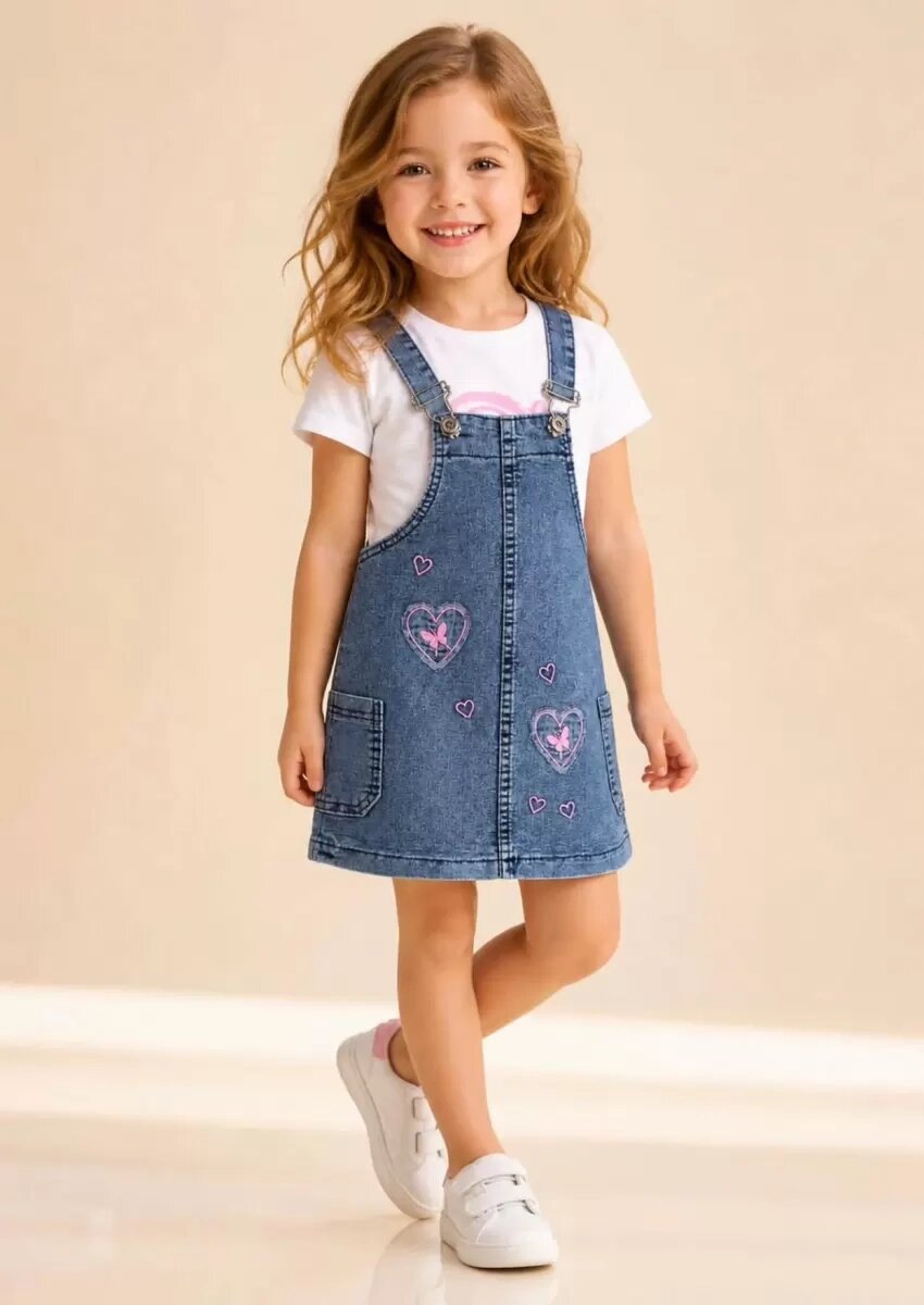 3/7 Yaş Etekli Denim Salopet Çocuk Takımı