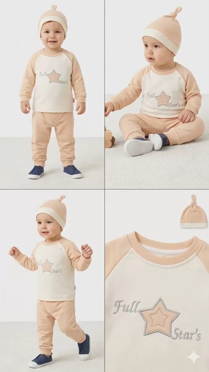 3-6 6-9 9-12 Ay Full Star Nakışlı Şapkalı Uzun Kollu Sweat 3lü Erkek Bebek Takımı