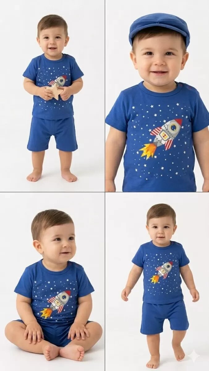 6/24 Ay Roket Baskılı 2li Bebek Takımı
