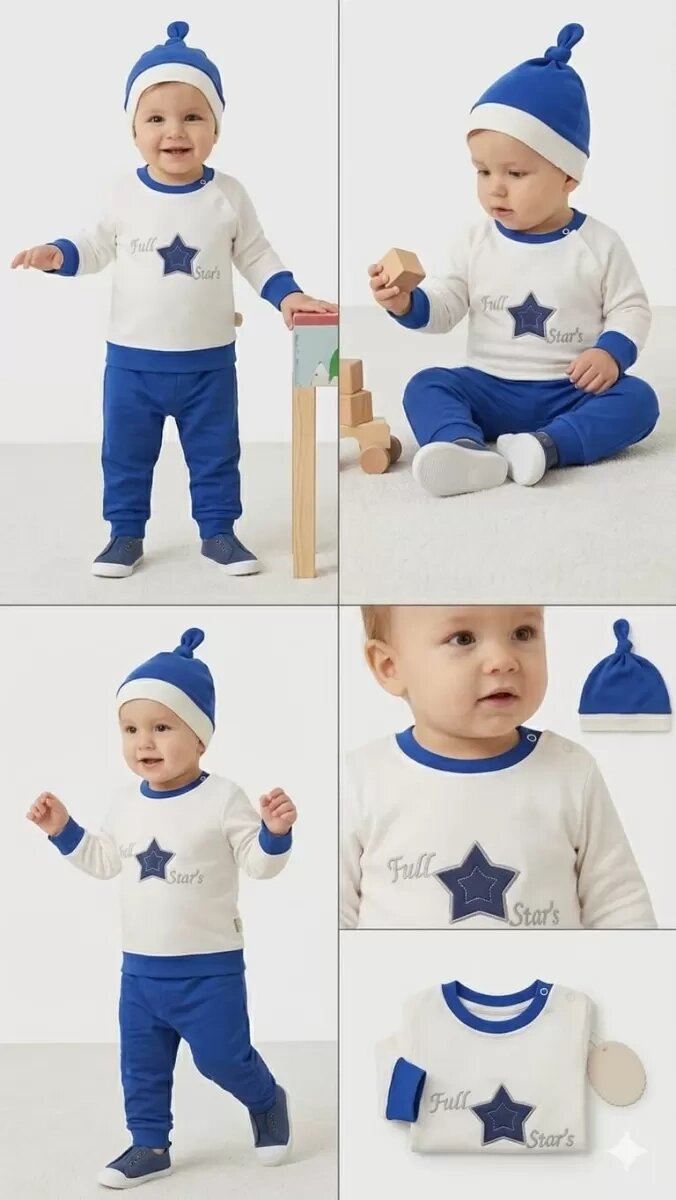 3-6 6-9 9-12 Ay Full Star Nakışlı Şapkalı Uzun Kollu Sweat 3lü Erkek Bebek Takımı