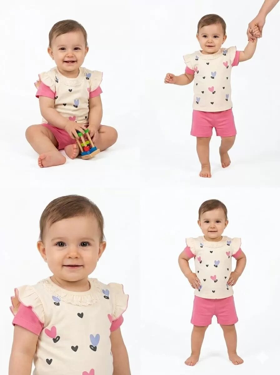 1/3 Yaş Piti Kalp Baskılı Çuk Takımı (Renkli · 1 Yaş)