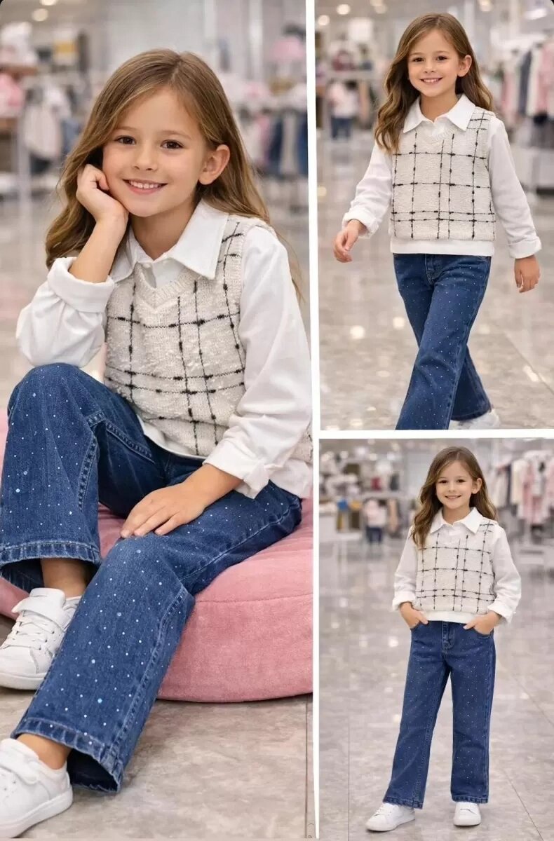 5/10 Yaş Taşlı Kot Pantolon Yelekli Çocuk Takımı