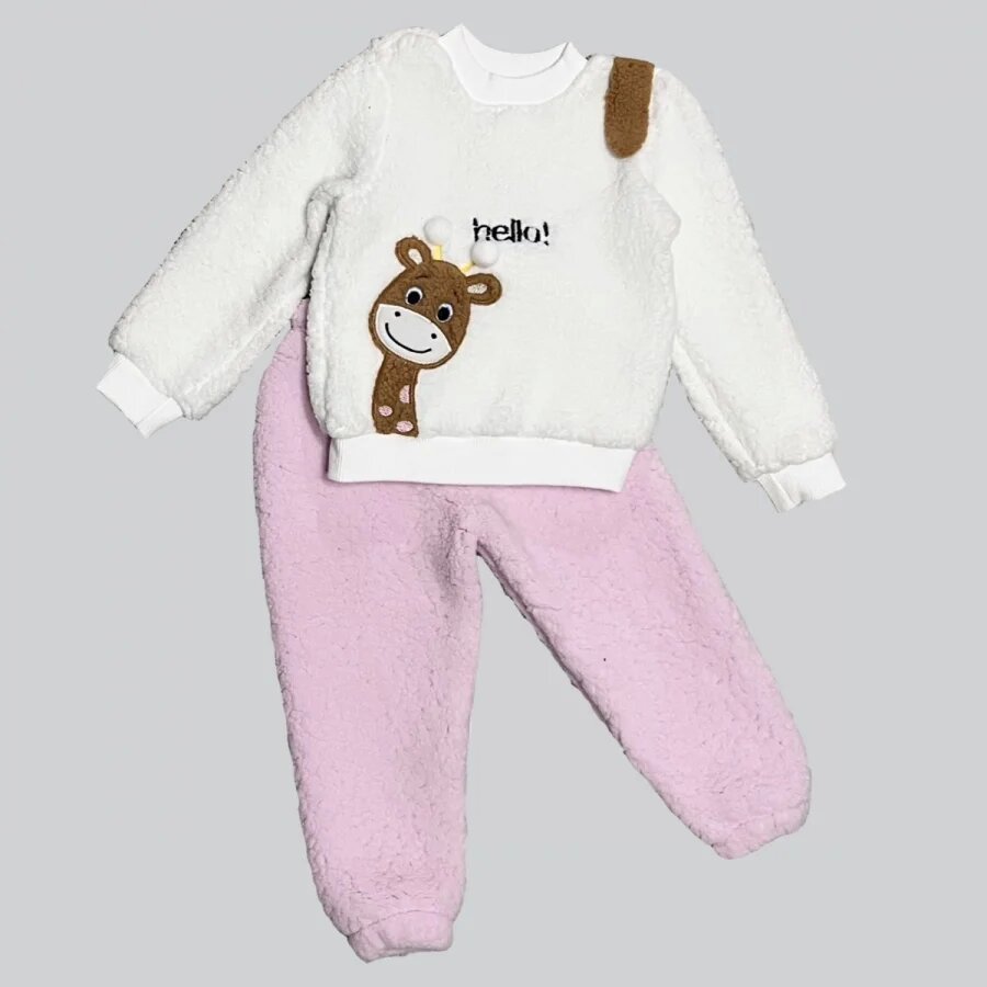 1-2-3 Yaş Hello Zürafa Nakışlı Kuzu Kumaş Sweat Pantolon Uzun Kollu Kız Erkek 2 Li Takımı Pembe 1-2-3 Yaş Hello Zürafa Nakışlı Kuzu Kumaş Sweat Pantolon Uzun Kollu Kız Erkek 2 Li Takımı Pembe