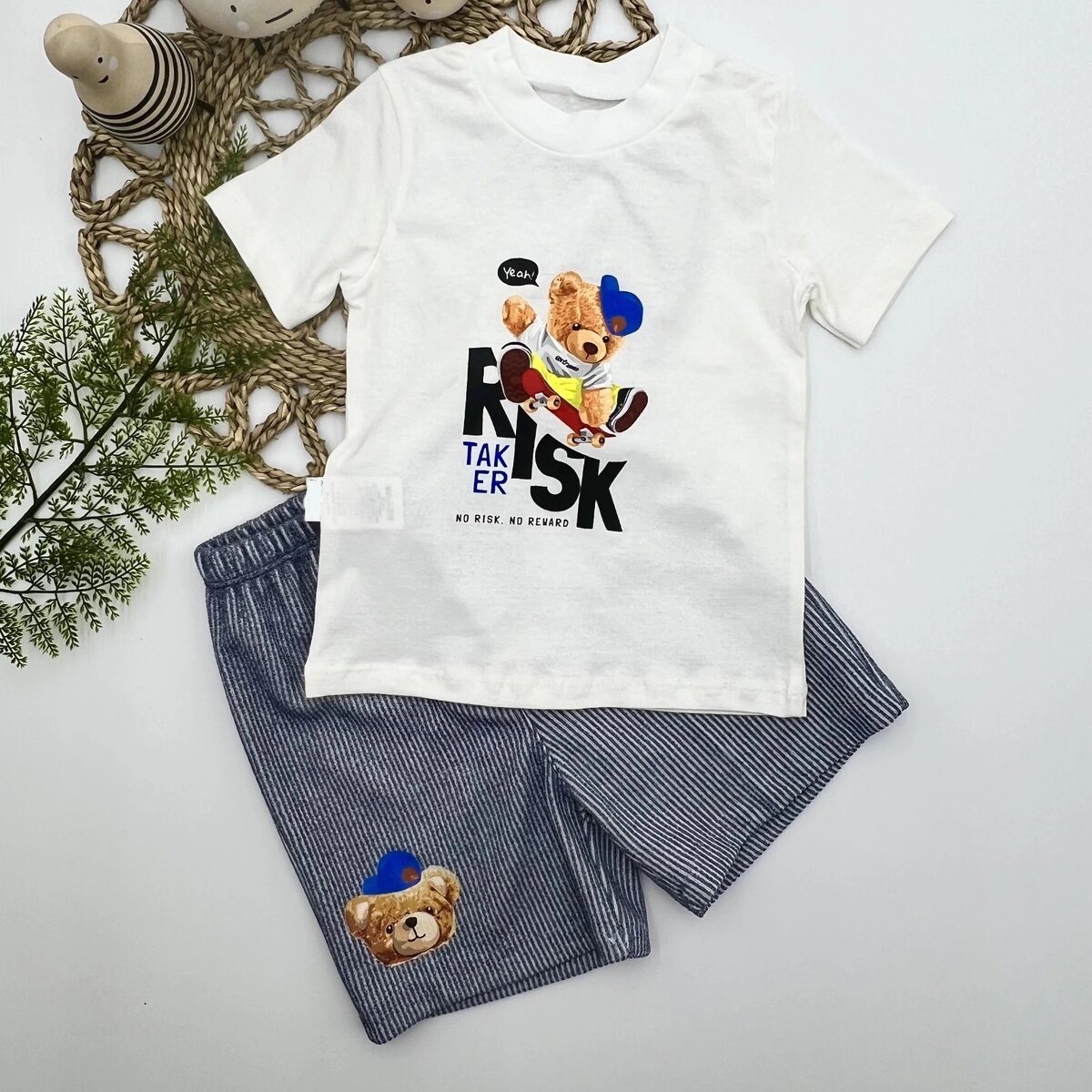 1-2-3 Yaş Kaykaycı Ayı Baskılı Şortlu Kısa Kollu Tişört 2li Erkek Bebek Takımı İndigo