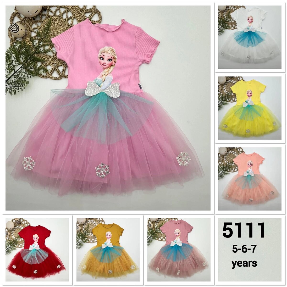 5-6-7 Yaş Elsa Desenli Fiyonklu Tül Etekli Astarlı Kısa Kollu Kız Çocuk Tütü Elbise Beyaz
