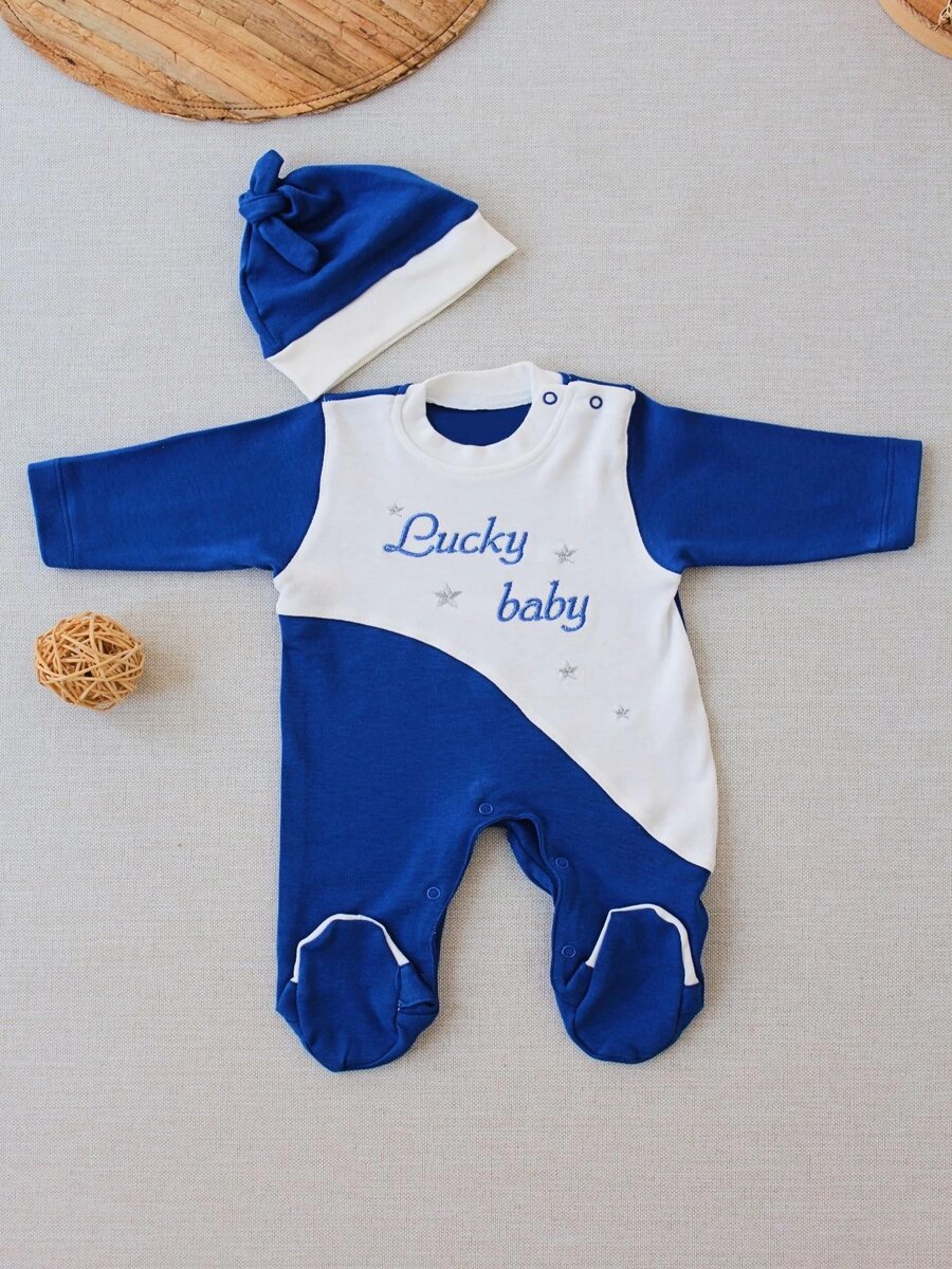 0-3 3-6 Ay Lucky Turk Nakışlı Es Çizgi Boy Şapkalı Erkek Bebek Tulumu Lacivert