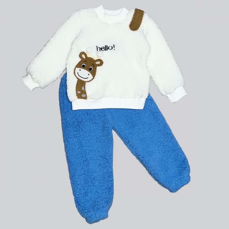 1-2-3 Yaş Hello Zürafa Nakışlı Kuzu Kumaş Sweat Pantolon Uzun Kollu Kız Erkek 2 Li Takımı Saks Mavisi 1-2-3 Yaş Hello Zürafa Nakışlı Kuzu Kumaş Sweat Pantolon Uzun Kollu Kız Erkek 2 Li Takımı Saks Mavisi