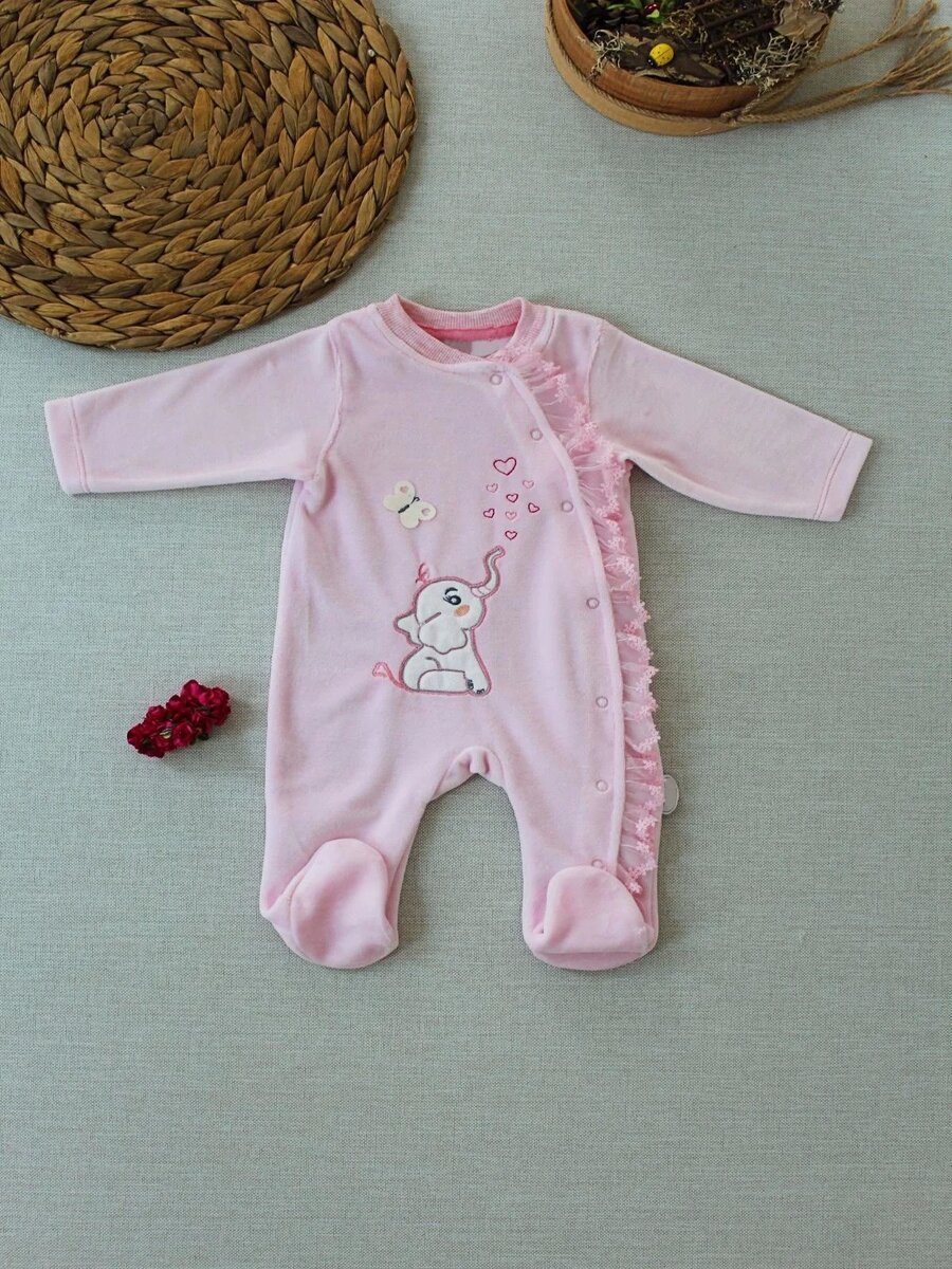 3-6 6-9 9-12 Ay Romantik Fil Nakışlı Pembe Süslü Kız Bebek Tulumu Pembe 3-6 6-9 9-12 Ay Romantik Fil Nakışlı Pembe Süslü Kız Bebek Tulumu Pembe