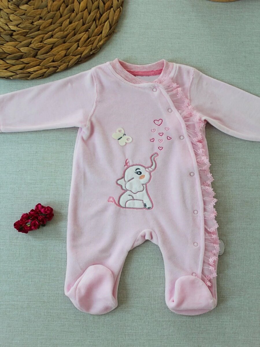 3-6 6-9 9-12 Ay Romantik Fil Nakışlı Pembe Süslü Kız Bebek Tulumu Pembe 3-6 6-9 9-12 Ay Romantik Fil Nakışlı Pembe Süslü Kız Bebek Tulumu Pembe