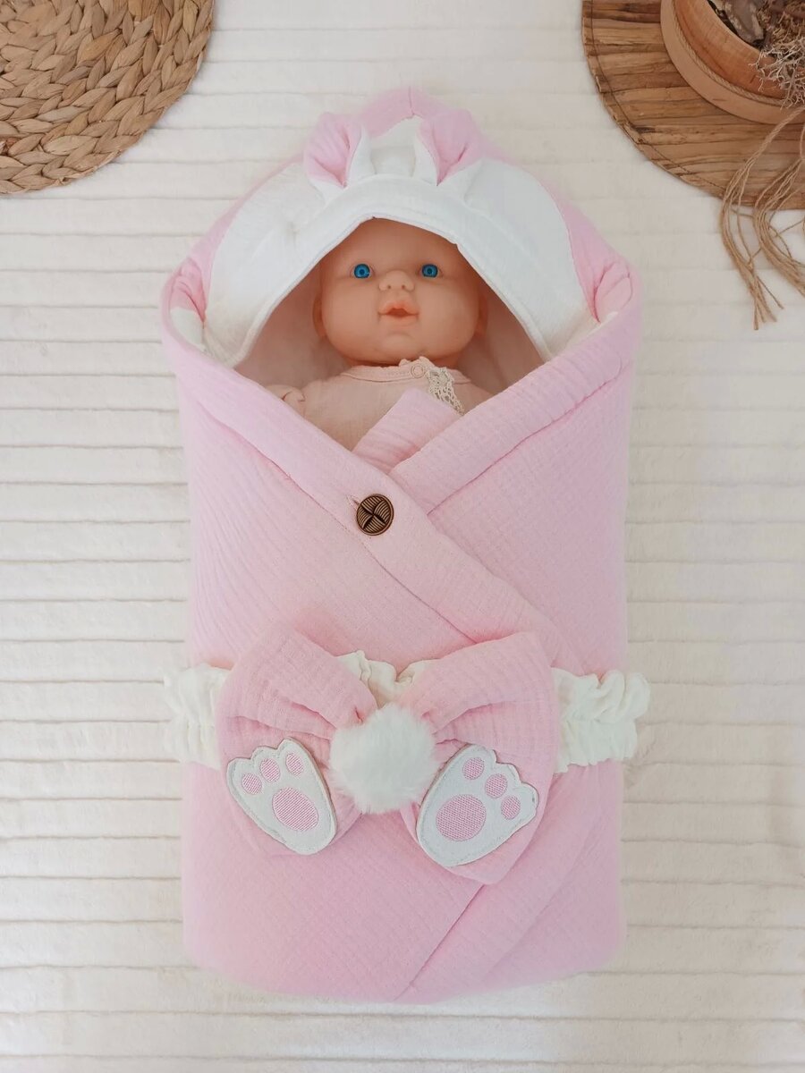 Yenidoğan 4 Kat Müslin Kumaş Kulaklı Patili Fiyonk Bebek Battaniyesi Kundak Pembe Yenidoğan 4 Kat Müslin Kumaş Kulaklı Patili Fiyonk Bebek Battaniyesi Kundak Pembe
