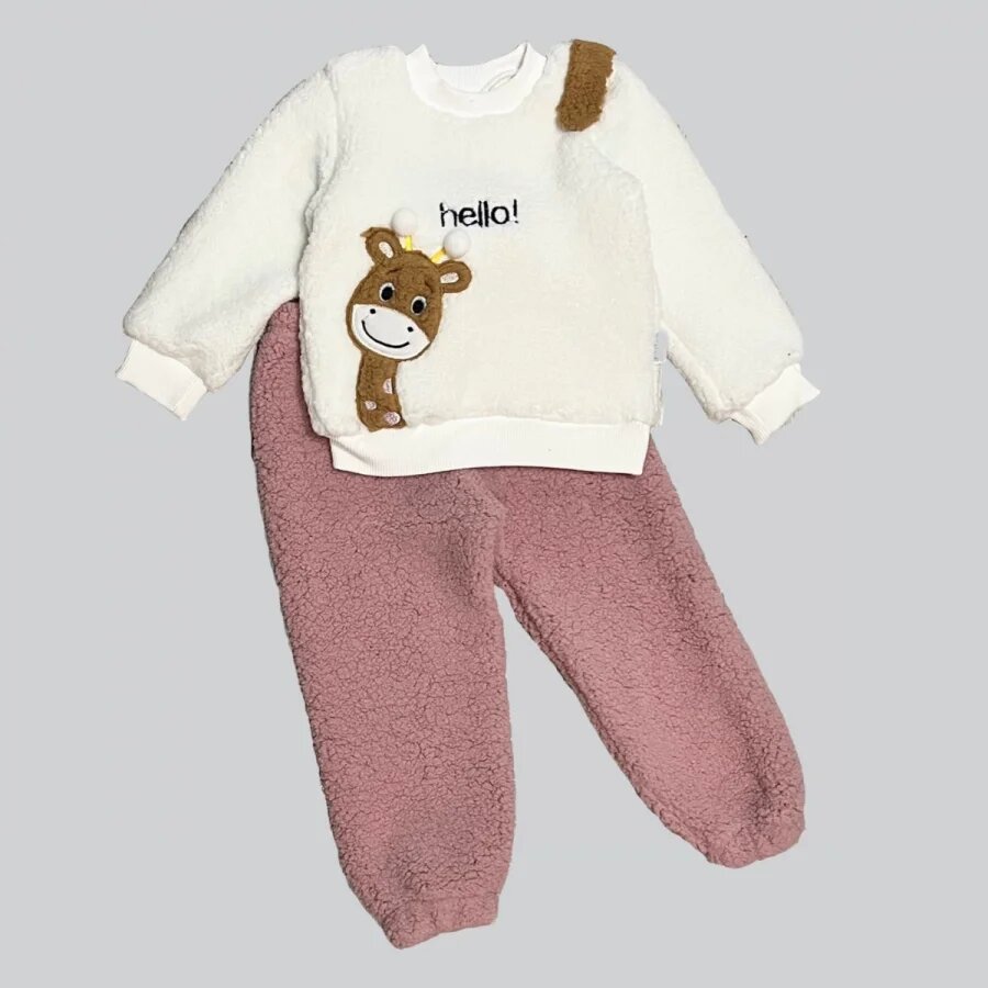 1-2-3 Yaş Hello Zürafa Nakışlı Kuzu Kumaş Sweat Pantolon Uzun Kollu Kız Erkek 2 Li Takımı Gül Kurusu 1-2-3 Yaş Hello Zürafa Nakışlı Kuzu Kumaş Sweat Pantolon Uzun Kollu Kız Erkek 2 Li Takımı Gül Kurusu