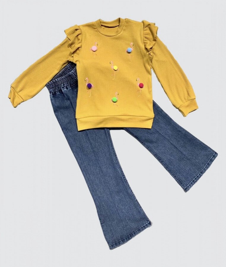 4-5-6 Yaş Kot Pantolonlu Flamingo Desenli Penye Sweat Uzun Kollu 2li Kız Çocuk Takımı Hardal