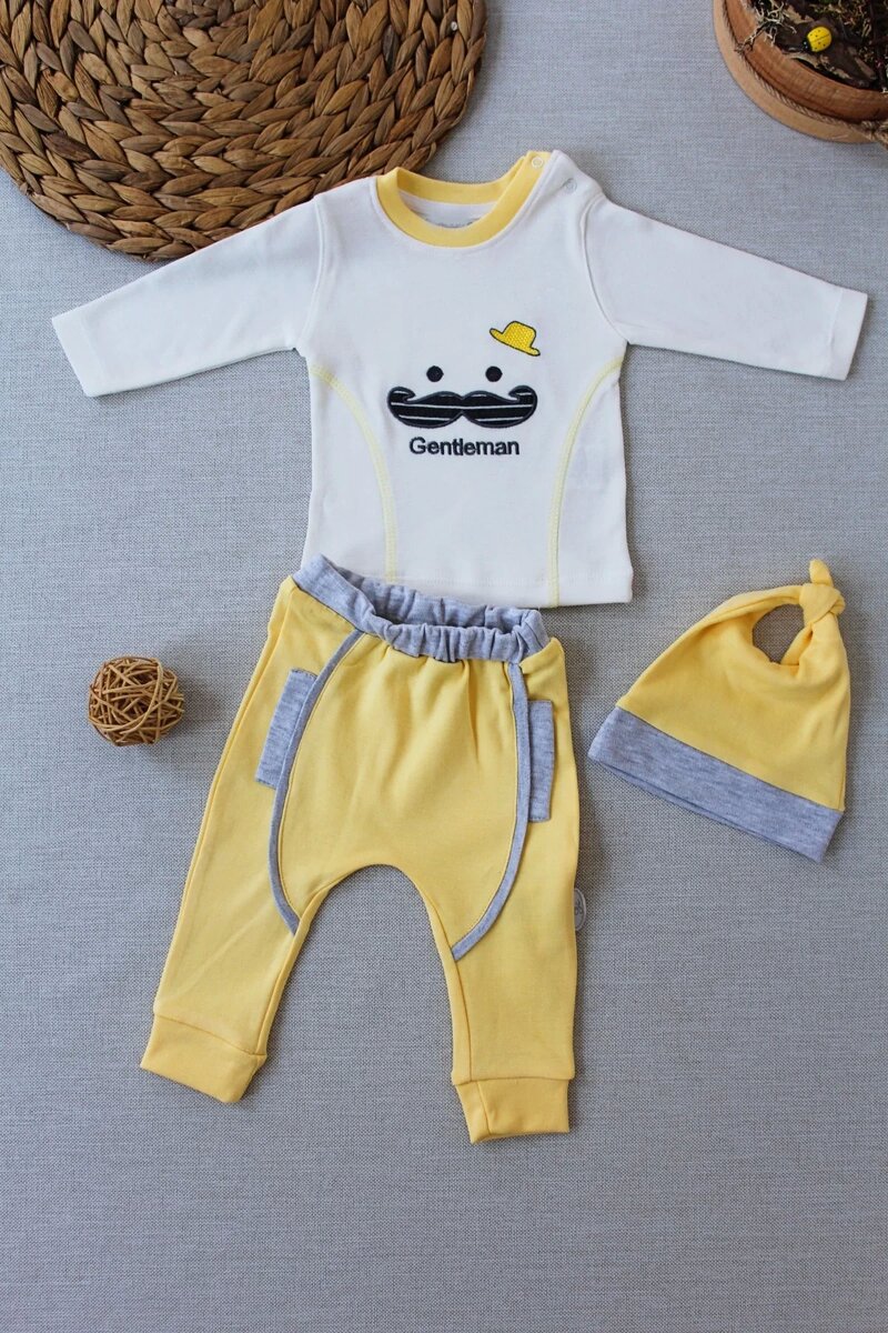 3-6 6-9 9-12 Ay Gentleman Erkek Nakışlı Şapkalı Uzun Kollu Sweat 3lü Erkek Bebek Takımı Sarı 3-6 6-9 9-12 Ay Gentleman Erkek Nakışlı Şapkalı Uzun Kollu Sweat 3lü Erkek Bebek Takımı Sarı