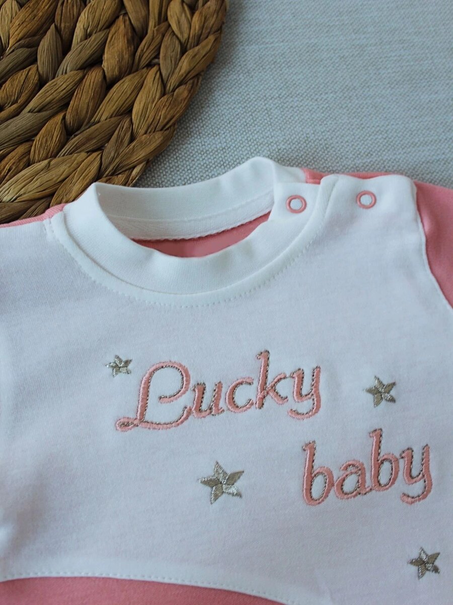 0-3 3-6 Ay Lucky Turk Nakışlı Es Çizgi Boy Şapkalı Kız Bebek Tulumu Pudra