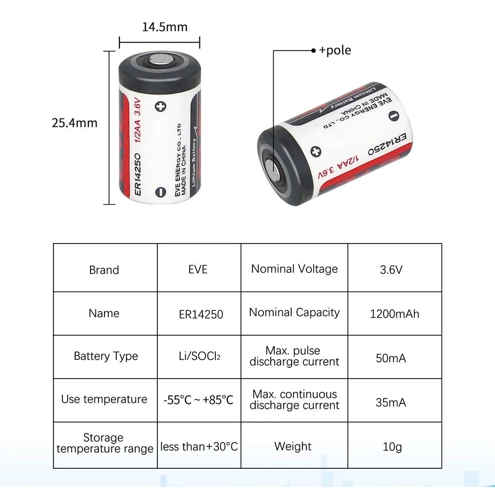 Eve Er14250 1/2aa Size 3.6v 1200 Mah Şarjsız Li-socl2 Lithium Pil Eve Er14250 1/2aa Size 3.6v 1200 Mah Şarjsız Li-socl2 Lithium Pil