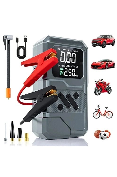 St-9654 Şarjlı 10.000 Mah Taşınabilir Araç Hava Kompresörü Akü Takviyeli Dijital Ekranlı Işıklı