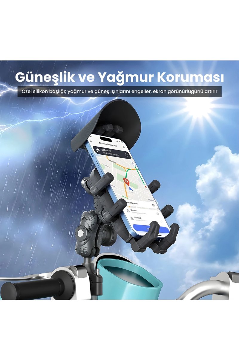 Gidon Bağlantılı Güneş Ve Yağmur Korumalı 360° Derece Ayarlanabilir Motosiklet Bisiklet Telefon Tutucu