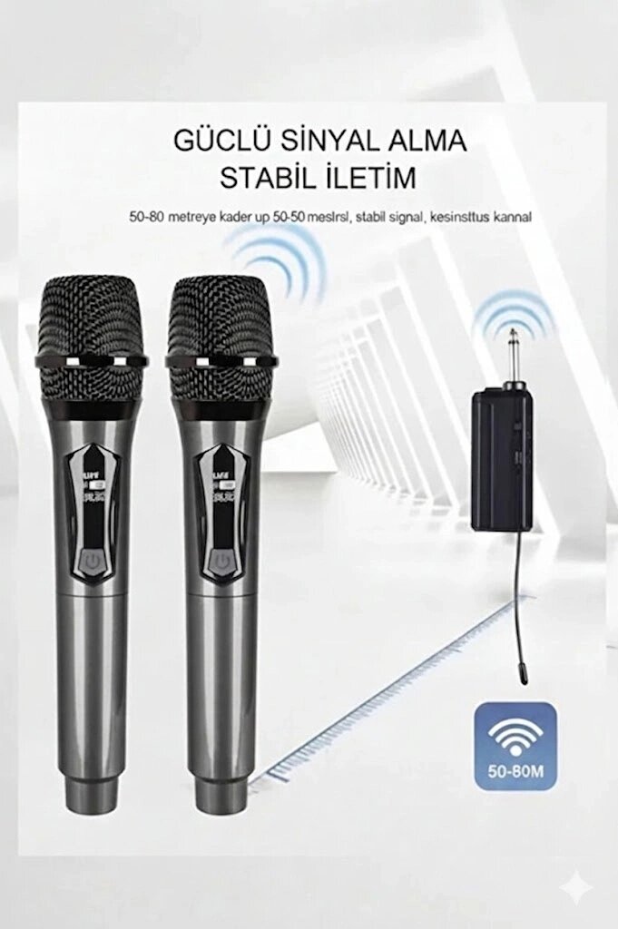 Profesyonel Çiftli Kablosuz Mikrofon Seti Karaoke Şarj Edilebilir 50 Metre