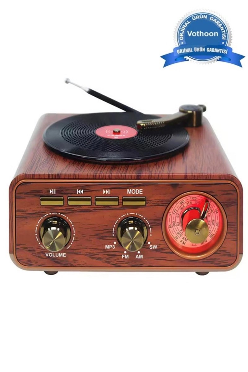 Nostaljik Tasarım Plak Çalar Görünümlü Radyolu Bluetooth Hoparlör Retro Müzik Plak