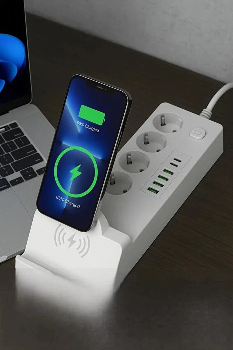 Akım Korumalı Priz Ve Masaüstü Şarj İstasyonu Kablosuz 4 Priz ,4 Usb, 2 Type-c Girişli 2 Metre Akım Korumalı Priz Ve Masaüstü Şarj İstasyonu Kablosuz 4 Priz ,4 Usb, 2 Type-c Girişli 2 Metre