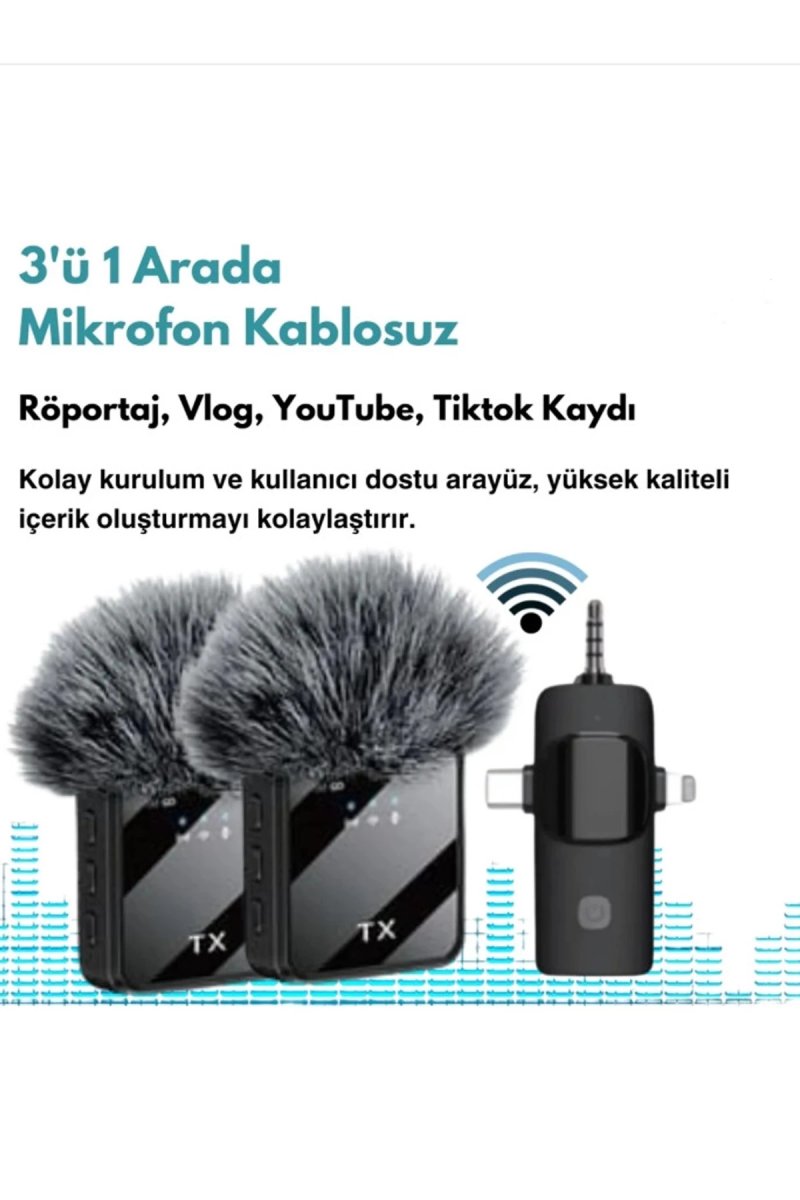 Yüksek Kalite Profesyonel 3 In 1 Kablosuz Taşınabilir Yaka Mikrofonu Tüylü