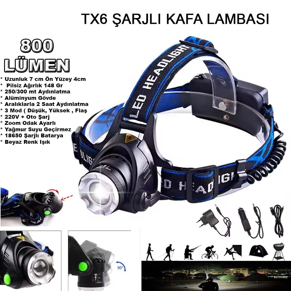 Orjinal 800 Lümen Tx6 Şarjlı Zoomlu Kafa Feneri Wt-120