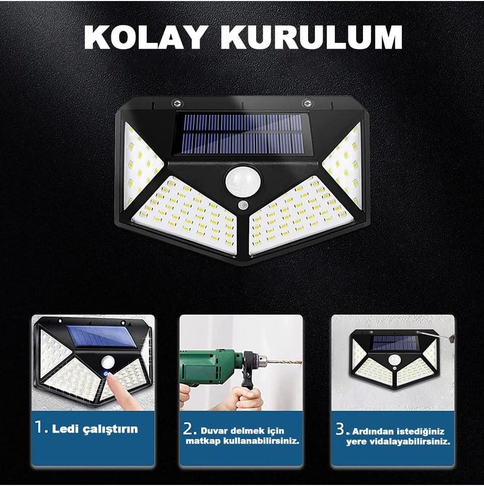 100 Led DIŞ Mekan Solar Aydınlatma Fotoselli Solar Lamba Hareket Sensörlü