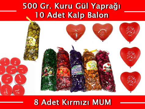 Renkli Kokulu Gül Yaprakları 500 Gr + 10 Kalpli Balon + 8 Kırmızı Mum (CLZ)