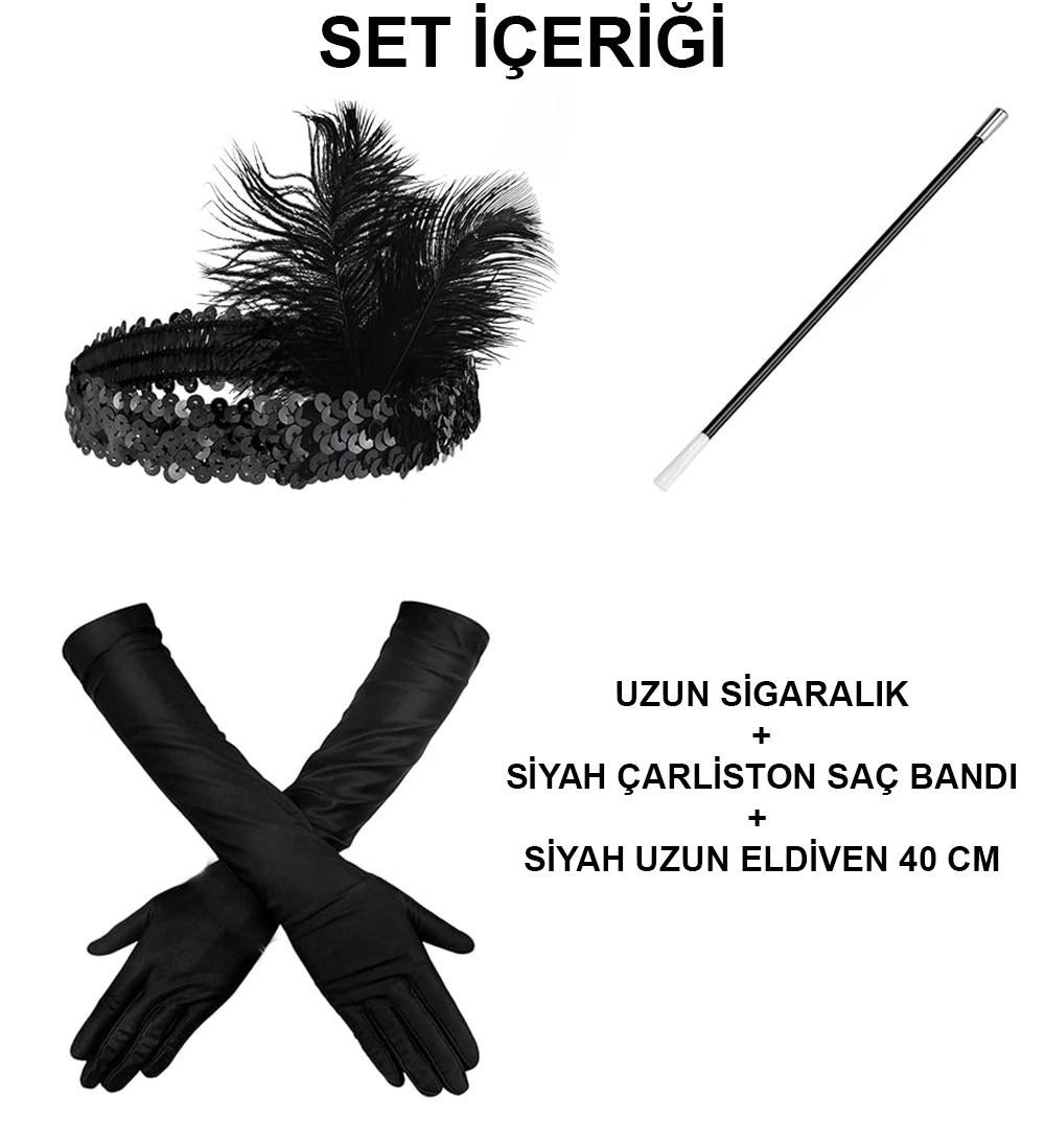 1920'ler Gatsby Aksesuar Seti – Siyah Charleston Saç Bandı, Uzun Eldiven & Sigaralık 1920'ler Gatsby Aksesuar Seti – Siyah Charleston Saç Bandı, Uzun Eldiven & Sigaralık