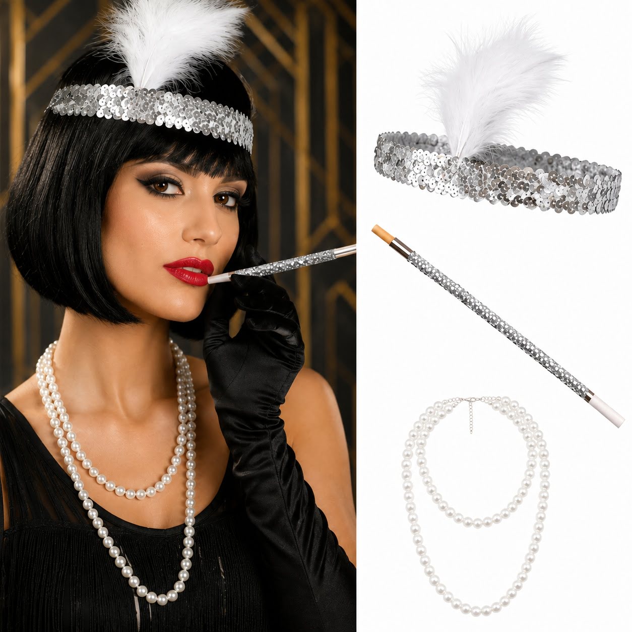 1920&amp;#39;ler Gatsby Gümüş Parti Seti - Çarliston Saç Bandı, İnci Kolye ve Sigara Tutacağı
