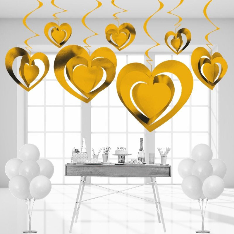3 Boyutlu Spiralli Altın Renk Kalp Şekilli Tavan Asma Süsü 12 Adet (CLZ)
