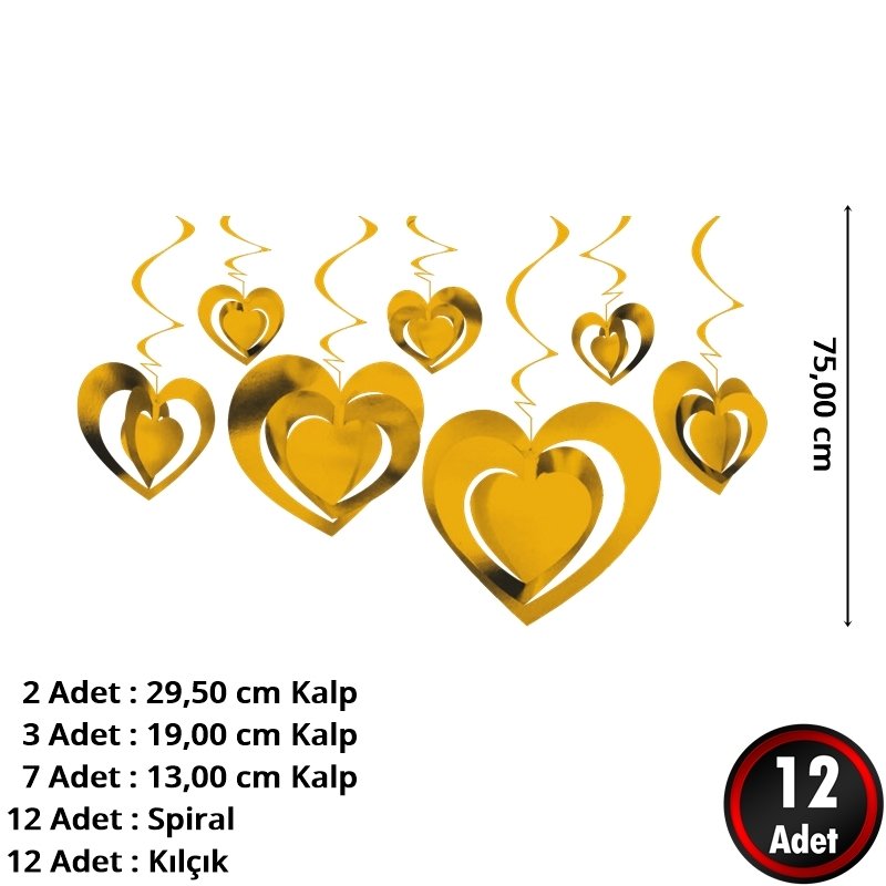3 Boyutlu Spiralli Altın Renk Kalp Şekilli Tavan Asma Süsü 12 Adet (CLZ)