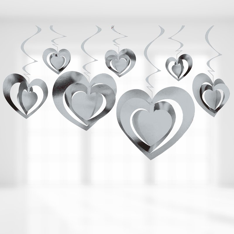 3 Boyutlu Spiralli Gümüş Renk Kalp Şekilli Tavan Asma Süsü 12 Adet (CLZ)