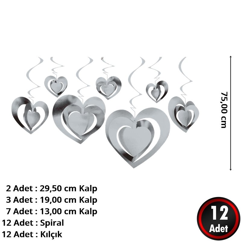3 Boyutlu Spiralli Gümüş Renk Kalp Şekilli Tavan Asma Süsü 12 Adet (CLZ)