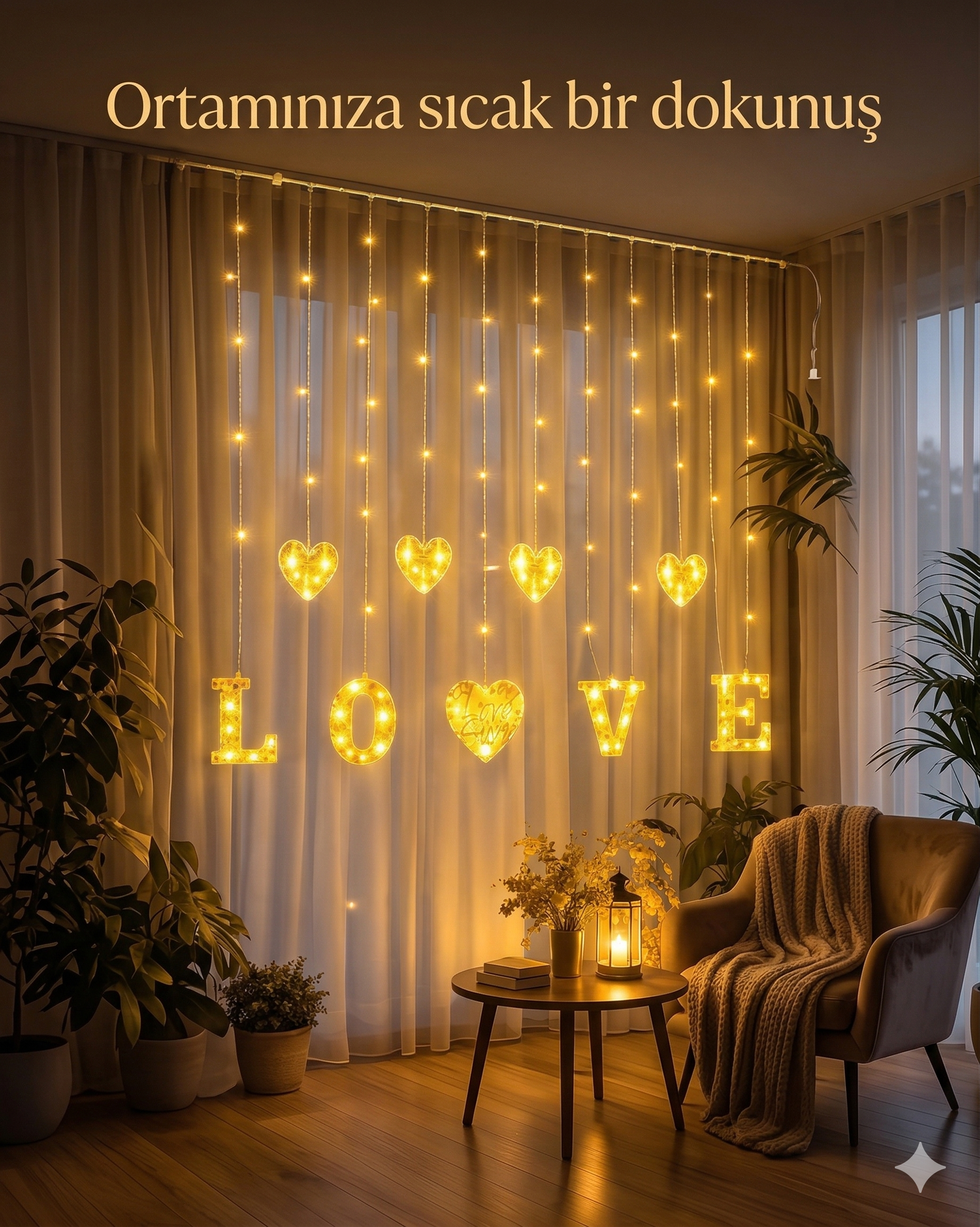 3 Metre Perde Led Işık - 8 Modlu Kalp ve LOVE Figürlü Dekoratif Animasyonlu Led