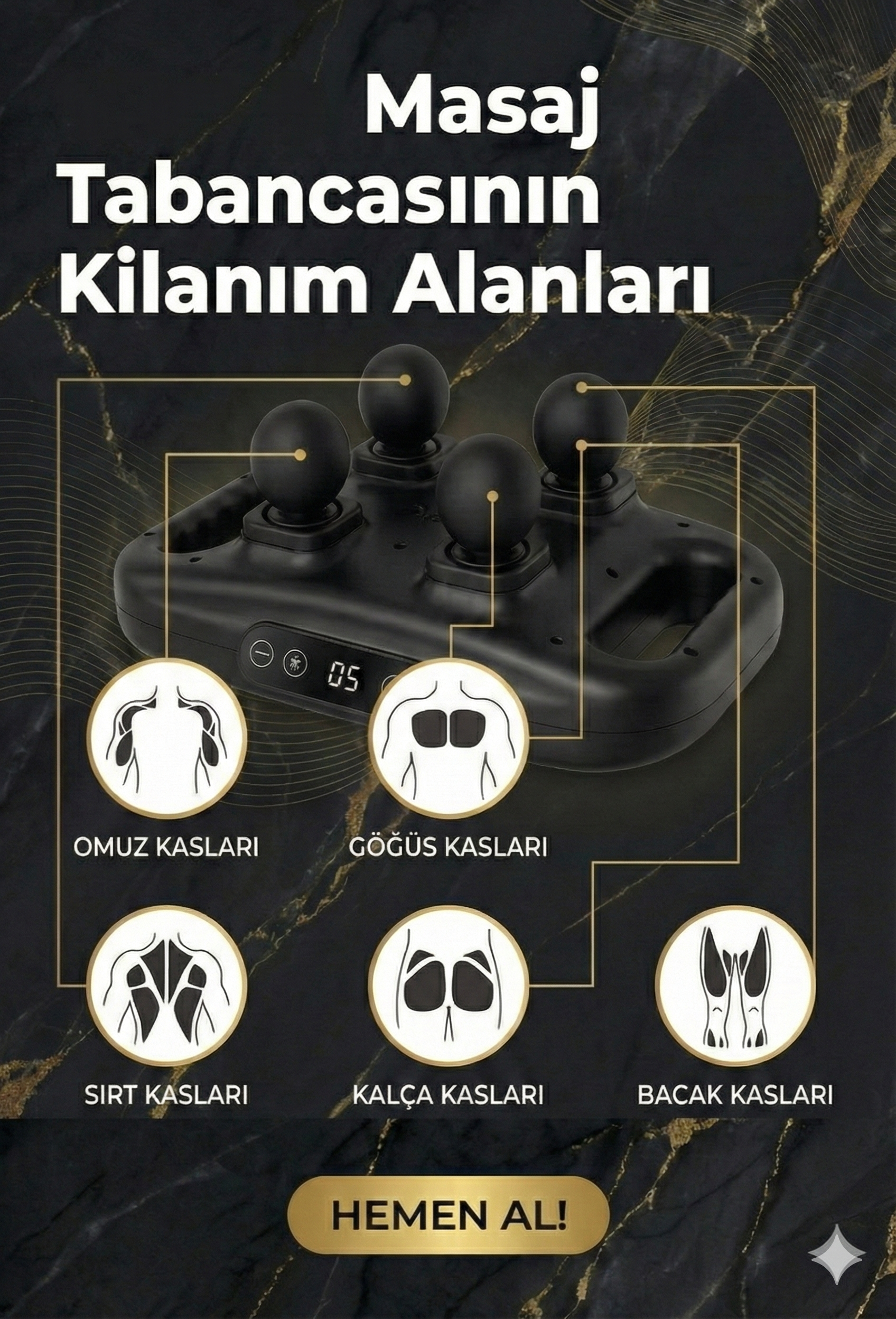 4 Başlıklı Masaj Tabancası - Ergonomik Derin Doku Sırt ve Boyun Masaj Aleti Ağrı ve Sızı Giderici